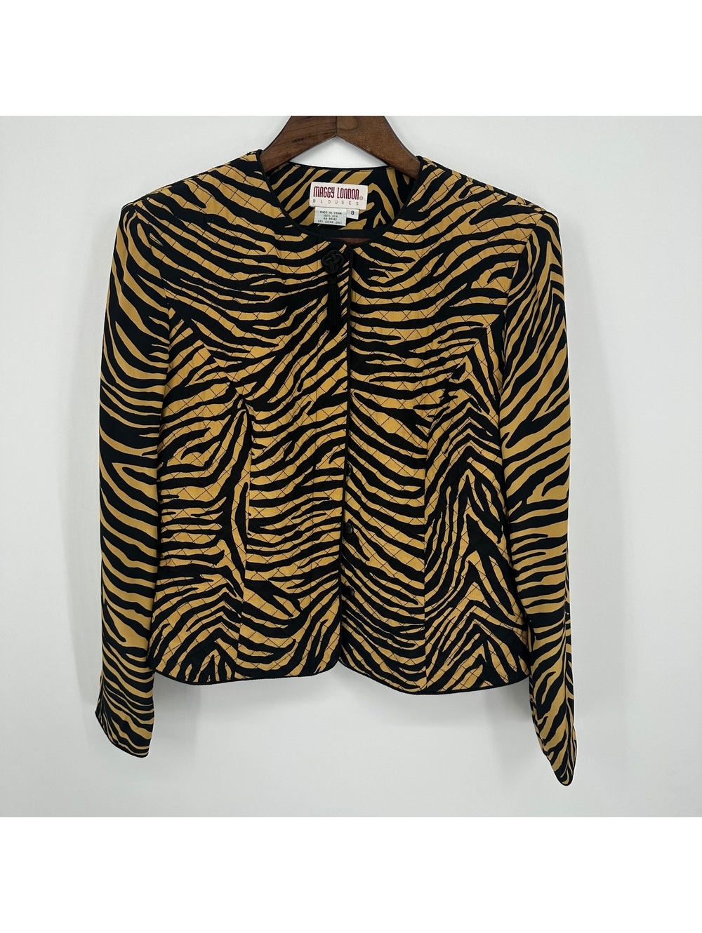 Vintage Y2K 100% Silk Zebra Print Cropped Mob Wife Jacket Maggie London Size 8
